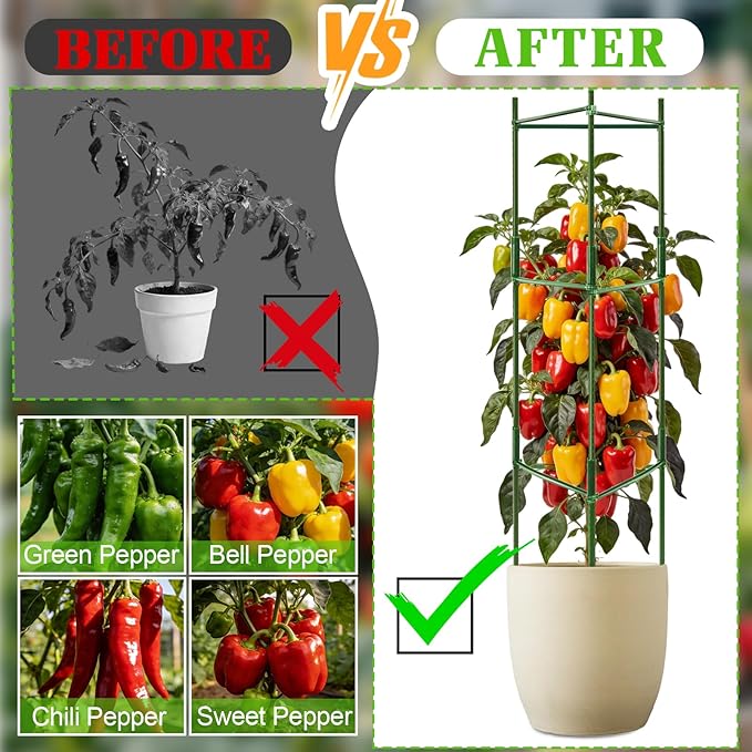 3 Pack Pepper Cages for Garden, 48" Adjustable 1–3 Tier Pepper Plant Support, Heavy Duty Steel Pepper Cage, Rust-Resistant Triangle Frame for Grow Bags, Patio & Raised Beds, Tomato Cage Alternative