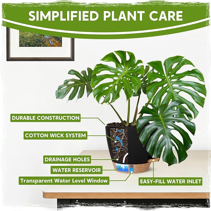 Self Watering Pots for Indoor Plants (5/5.5/6/6.5/8 Inch), Terra Cotta Planters with Water Level Indicator & Drainage,Wicking Pots for Monstera, Herbs & Snake Plant (Black, 5/5.5/6/6.5/8 Inch)