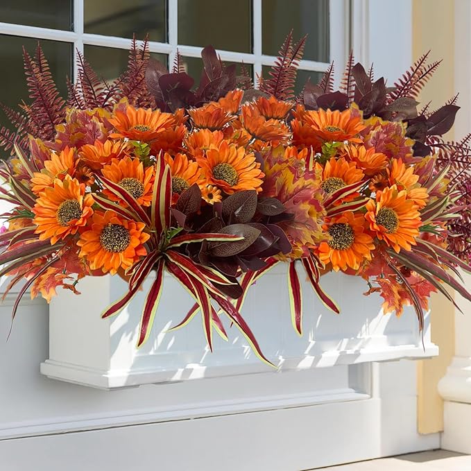 Artificial Sunflowers Flowers Faux Plants for Outdoor, 12 Bundles Fake Silk Realistic Greenery Bushes Look Real UV Resistant for Outside Planters Porch Pot Fall Decor