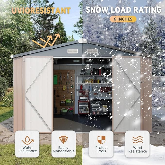 Aoxun 10x8 FT Shed with Floor Heavy-Duty Galvanized Steel Outdoor Storage Shed with Double Doors, Ventilated Weatherproof Design for Bike/Generator/Tool Organization (Brown with Floor)