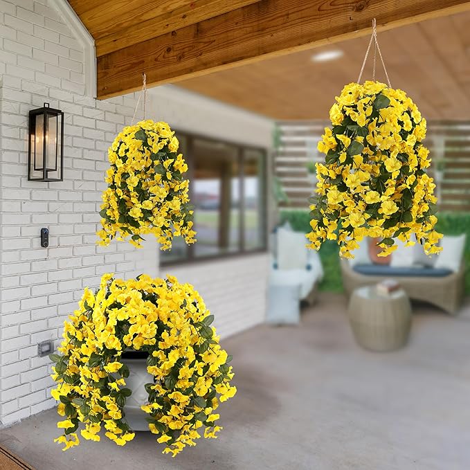 Sggvecsy Artificial Fake Hanging Flowers Plants for Outdoor Outside Spring Summer Decoration 4PCS Faux Silk UV Resistant Realistic Morning Glory Trailing Vines for Home Porch Patio Balcony(Yellow)