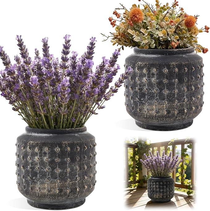 FillTouch 2 Pcs Rustic Hobnail Planter Pot, 7.5" Indoor Outdoor Cement Fiber Flower Pot, Decorative Farmhouse Container for Succulent, Flower & Herb, Vintage Brown Vase for Patio, Balcony Home Decor