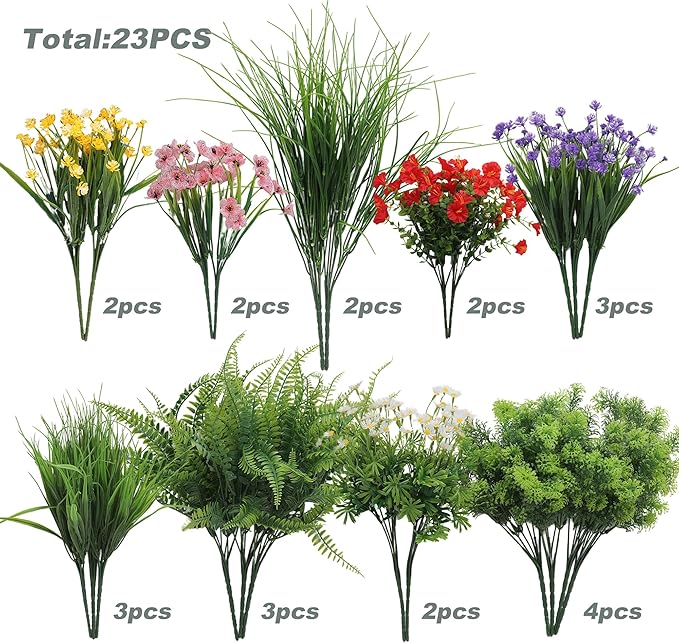 Green Moon 23 Bundles Artificial Plants Outdoor with Colorful Flower, Greenery Shrubs Realistic UV Resistant for Outside Home Planter Porch Patio Yard Decor