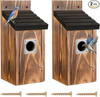 Dreyoo 2 Pack Bluebird Box Houses for Outside,1-1/2'' Entrance Hole Wooden Bird Houses with Metal Guard, Secure Latch,Fledgling Grooves,Air Vents for Bluebird Wren Swallow (Black Roof,Burnt Wood Body)