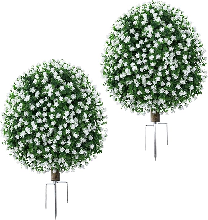 27'' Artificial Topiary Plants for Outdoor 2 Pack Artificial Topiary Trees with Stable Metal Ground Spike Fake Bushes Shrubs for Outside Garden Front Porch Landscape Walkway, White Lotus