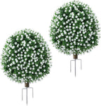 27'' Artificial Topiary Plants for Outdoor 2 Pack Artificial Topiary Trees with Stable Metal Ground Spike Fake Bushes Shrubs for Outside Garden Front Porch Landscape Walkway, White Lotus