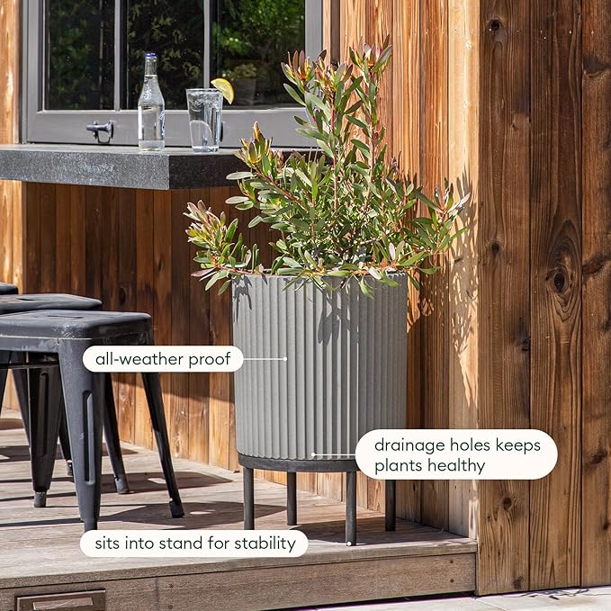 Veradek Demi Series Round Planter w/Stand for Porch/Patio | Durable Plastic-Stone Composite & Wooden Stand | Modern Décor for Tall Plants, Flowers