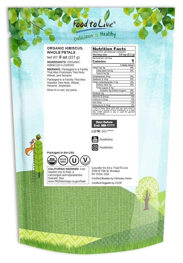 Food to Live Organic Hibiscus Flowers, 8 Ounces – Whole Petals. Great for Herbal Tea. Non-GMO. Caffeine-free. Good Source of Vitamin C. Bulk. Kosher