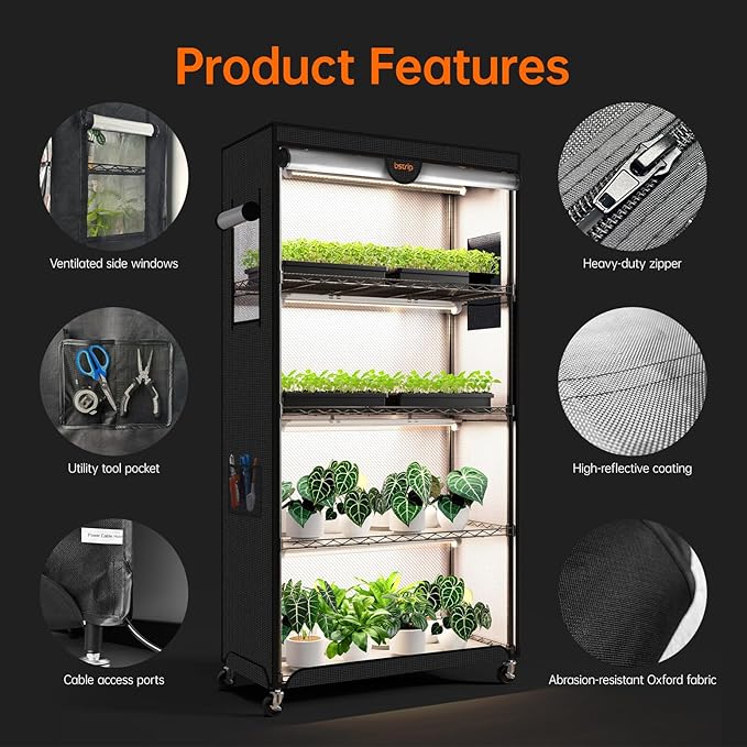 Bstrip Indoor Greenhouse with Grow Light, Plant Stand with 4 Pack 24W Full Spectrum Plant Lights , Plant Shelf with Tent for Indoor Plant, Seed Starting, Seed Tray, 29.5"x13.8"x59"