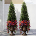 Artificial Topiary Cedar Trees 4FT Tall 2 Set with 12 Bundles Faux Silk Flowers, Outdoor Indoor Faux Pine Shrubs Plants, Fake Bushes Plants for Home Front Porch Door Patio