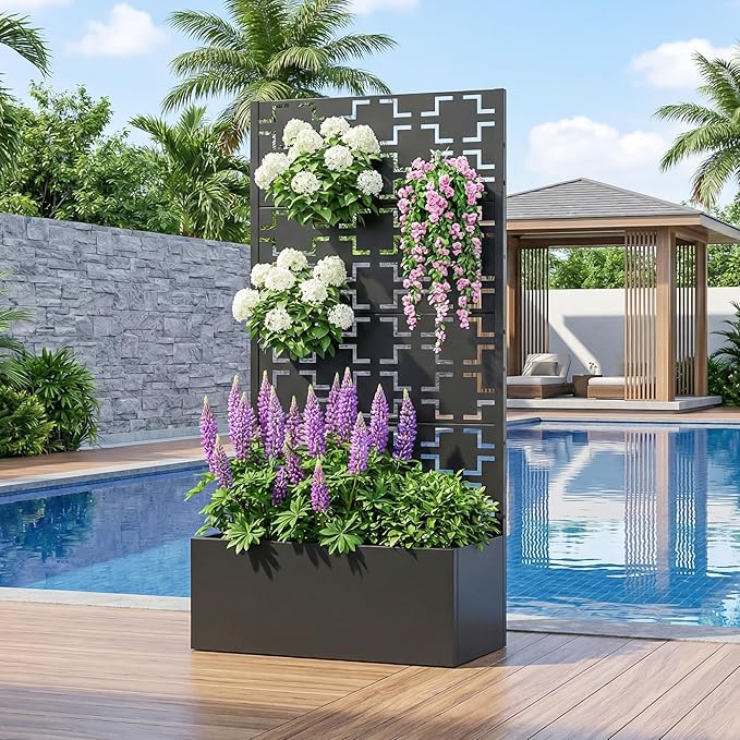 Casaphoria Metal Raised Garden Bed with Trellis, 59"x30"x12" Planter Box for Climbing Plants, Vegetables & Vines, Features Drainage Holes and Privacy Screen, Black-Square