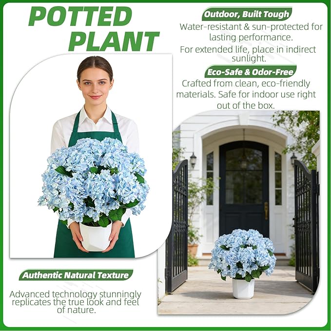 QIANYUN Artificial Topiary for Outdoors -20” Potted Plant Fake Hydrangea Bush-UV Resistant Artificial Outdoor Plants for Front Porch, Garden, Yard, Patio Decor (Blue)