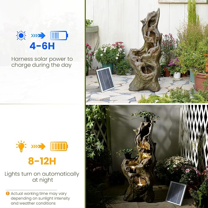 Sunlinua Solar Water Fountain Outdoor 5-Tiers Large Cascading Realistic Tree Trunk Natural Waterfall Outdoor Fountains Resin Imitation Wood with LED Lights for Garden, Patio, Porch