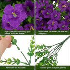Artificial Flowers for Outdoors Fake Plants Outside Decoration, 20 Bundles Purple Silk Petunia with Eucalyptus UV Resistant Realistic Faux Flowers for Outdoor Planters Garden Balcony Yard Porch Patio