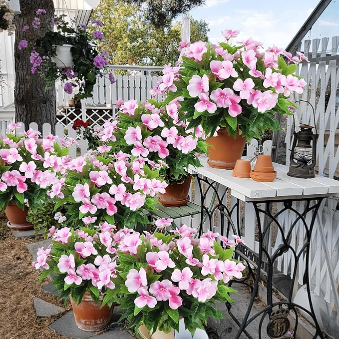 CITYES 4 Pcs Artificial Flowers Outdoor Impatiens UV Resistant Silk Impatiens Flowers Pink Faux Flowers Impatiens Bushes Artificial Impatiens for Pot Patio Lawn Garden Hanging Basket Porch Decor