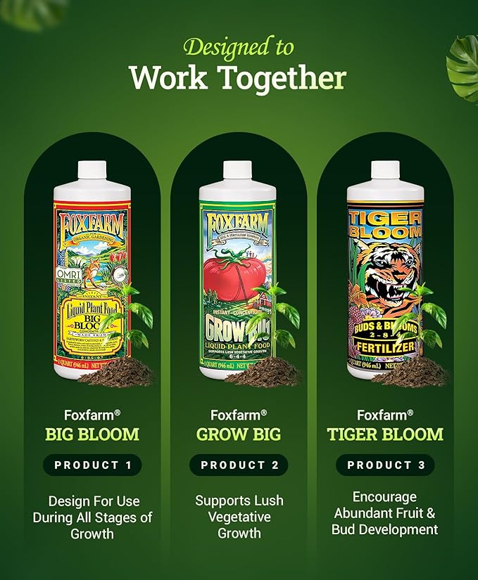 FoxFarm Soil Liquid Trio Pack - Big Bloom, Grow Big, Tiger Bloom Fertilizers Supports Vigorous Plant Growth, Bud Development & Abundant Fruit - Complete Liquid Plant Food Set - 3 Quart Bottles