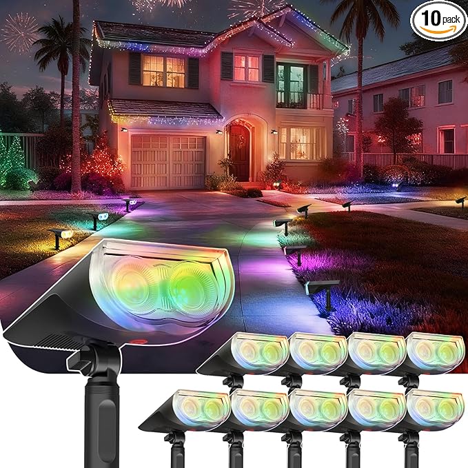 Linkind Solar Lights Outdoor StarRayS, Color Changing Solar Spot Lights, IP65 Waterproof Easter Lights for Landscape Garden Pathway Walkway (Multicolor, 10 Pack)