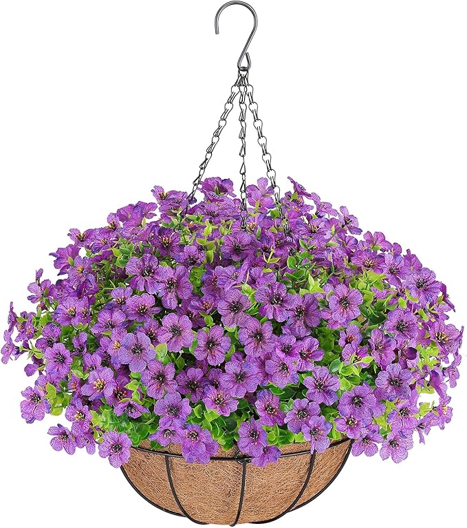 Artificial Flowers Hanging Plants in Basket,Artificial Hanging Flowers for Spring Outdoor Indoor Decor,UV Resistant hanging Baskets with Fake Flowers for Summer Patio Garden Porch Deck Home Decor