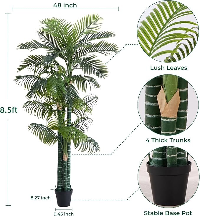 8.5FT Tall Golden Cane Palm Tree with 4 Trunks (1 Pack), Extra Lush Large Faux Plants, UV Resistant Indoor/Outdoor Fake Plant in Black Base Pot - Realistic Tropical Decor for Patio, Home, Office