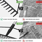 YEELOR Garden Rake, Heavy Duty 16-Tine Bow Rake with Adjustable Stainless Steel Handle, Metal Rake for Yard Work, Loosening Soil, Leveling Mulch, Gathering Leaves