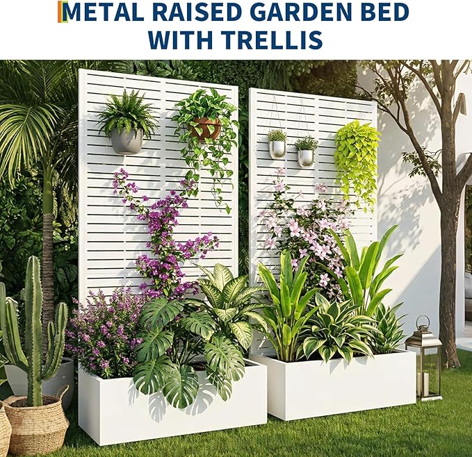 Metal Raised Garden Bed with Trellis & Privacy Screen, 70.1"x45"x15" Galvanized Metal Planter Box with Drainage Holes for Patio Balcony Outdoor Climbing Plants Flowers Vegetable, White