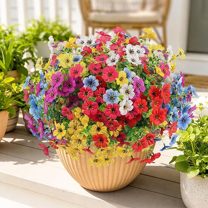ATTGREAT Artificial Spring Flowers Outdoor Faux Plants UV Resistant Fake Patio Flowers Plastic Greenery Plnats Outside Bulk for Spring Garden Hanging Planter Home Vase Decor, 36 Bundles (Multicolor)