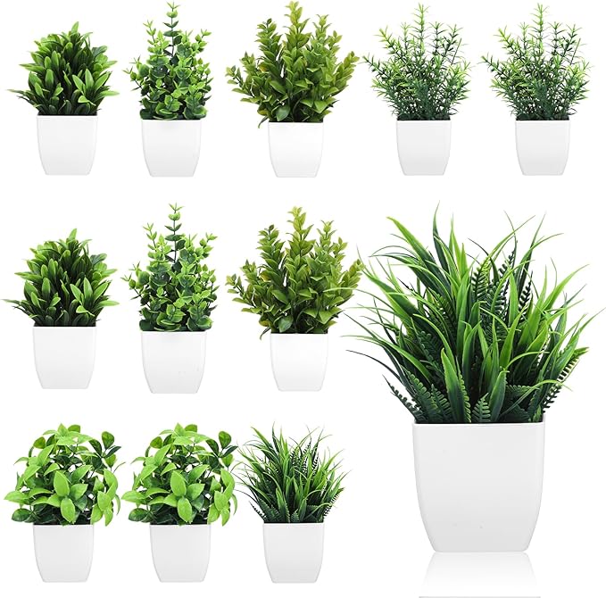Kifmurase 12Pcs Fake Plants, Mini Artificial Greenery Potted Plants for Shelf, Small Artificial Faux Eucalyptus for Home Decor, Indoor, Office, Desk, Shelf, Table Decoration