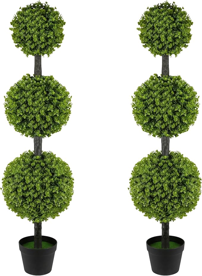 2 Pack Artificial Topiary Ball Tree 4FT, Set of 2 Faux Triple Balls Tree in Pot Shrubs Plants for Outdoor Front Door Porch Plant Outdoor