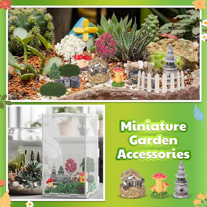 RoundFunny 23 Pcs Jumping Spider Enclosure and Habitat Miniatures Figurines Set Clear Acrylic Enclosure Mini Jumping Spider Accessories for Habitat Decorations Garden Figurines(Moss)