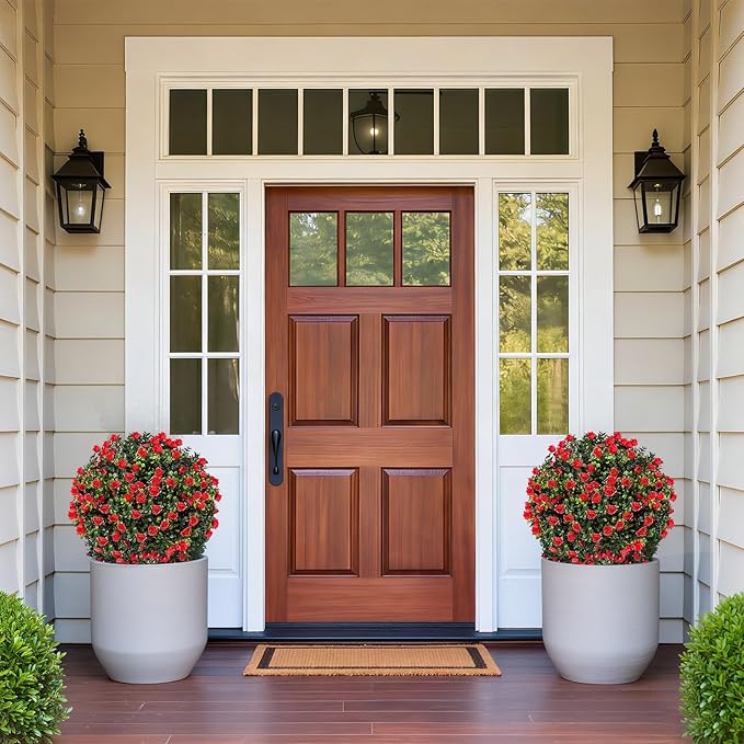 Artificial Boxwood Topiary Ball Trees with Red Rose, Set of 2 UV Resistant Fake Evergreen Shrubs Bushes Plants with Ground Spike, 18" Fake Plants for Outdoor Indoor Front Porch Garden