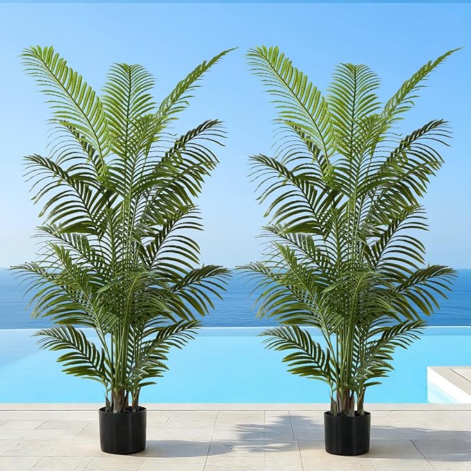 6FT Tall Artificial Palm Trees, Potted Plant (2 Pack) Tropical Areca Palm, UV Resistant Indoor/Outdoor Fake Plant in Black Cement Pot, Realistic Decor for Patio, Living Room, Office