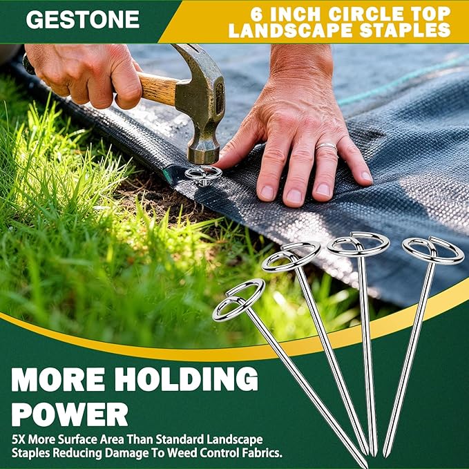 60 PCS Landscape Fabric Staples Pins,Heavy Duty Circle Top Landscape Fabric Stakes, 6 inch Galvanized Weed Barrier Stakes Pins with Removal Tool,Reusable Garden Staples for Weed Barrier Fabric