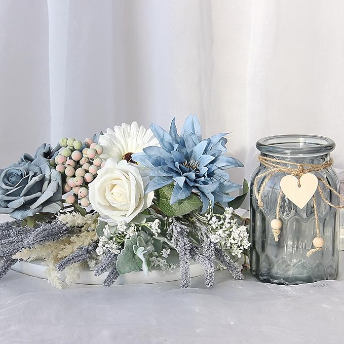 Artificial Flowers in Vase, Faux Flowers with Vase, Dusty Blue Rose Faux Dahlia Fake Peony Silk Hydrangea Eucalyptus Willow Plants Wildflowers Arrangements for Table Centerpiece Farmhouse Decor