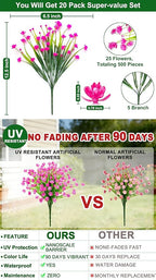 TURNMEON 20 Bundles Artificial Flowers for Outdoors, Spring Grass Camellia Fake Flowers Plastic Plants, UV Resistant No Fade Faux Greenery for Gardens Porch Yards Cemetery Summer Decor 500 Heads(Pink)
