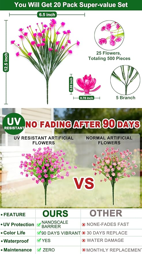 TURNMEON 20 Bundles Artificial Flowers for Outdoors, Spring Grass Camellia Fake Flowers Plastic Plants, UV Resistant No Fade Faux Greenery for Gardens Porch Yards Cemetery Summer Decor 500 Heads(Pink)