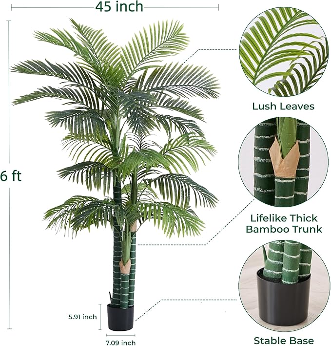 6FT Tall Triple Golden Cane Palm Tree (1 Pack), Large Faux Plants, UV Resistant Indoor/Outdoor Fake Plant in Black Cement Pot - Realistic Tropical Decor for Patio, Living Room, Office
