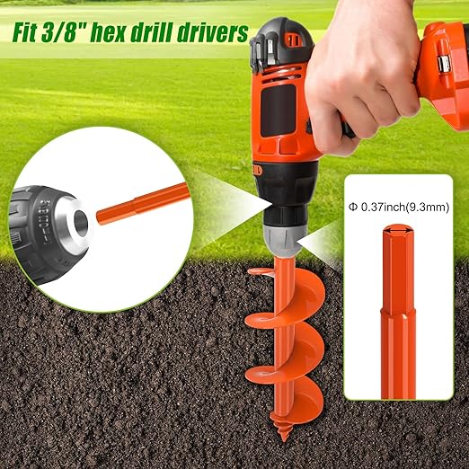 Insaga Threaded Auger Drill Bit for Post Hole Digger 4x12'', 3mm Thick Spiral Garden Earth Auger Bulb Drill Bit for Planting, Hole Digger for Fence Posts, Fits 3/8" Hex Drive Drill