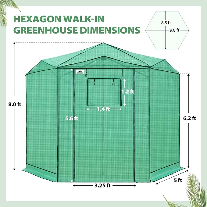 EAGLE PEAK 8.5x8.5 Portable Walk in Greenhouse, Pop Up Indoor Outdoor Greenhouse, Green House Kit with Zippered Roll-Up Doors and Windows, Hexagon Design, PE Cover, Clear/Green