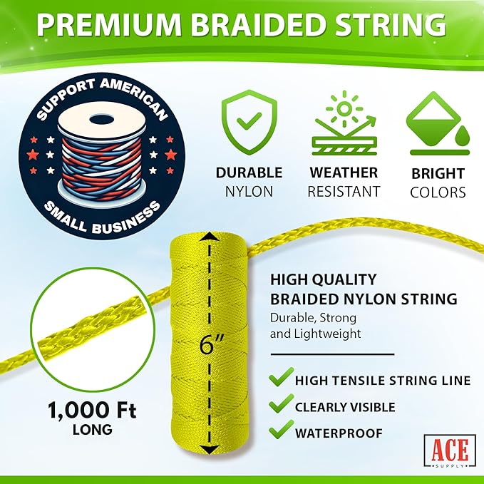 Yellow String Line Level - #18 Nylon String - 1000 Ft Length - Yellow Twine for Mason Line, Construction, Gardening, Leveling