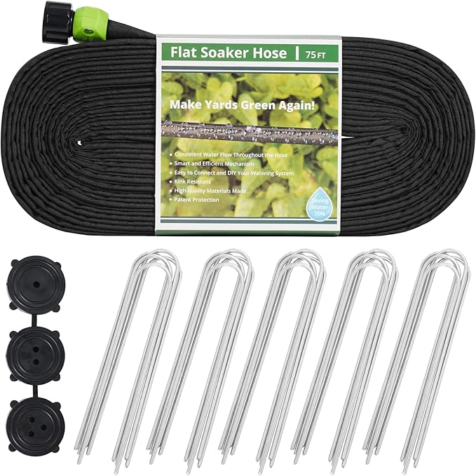 Flat Soaker Hose 75 ft Save 70% Water, Leakproof Design Double Layer Sprinkler Hose Drip Hose for Garden Bed