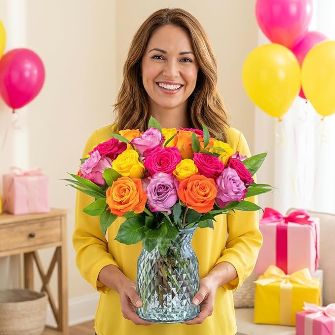 Benchmark Bouquets - Roses Bouquet Assorted Colors - Fresh Flowers for Delivery - Two Dozen Long Stem Roses - Mothers Day Gifts for Mom - Mothers Day Flowers for Mom (Glass Vase Included)