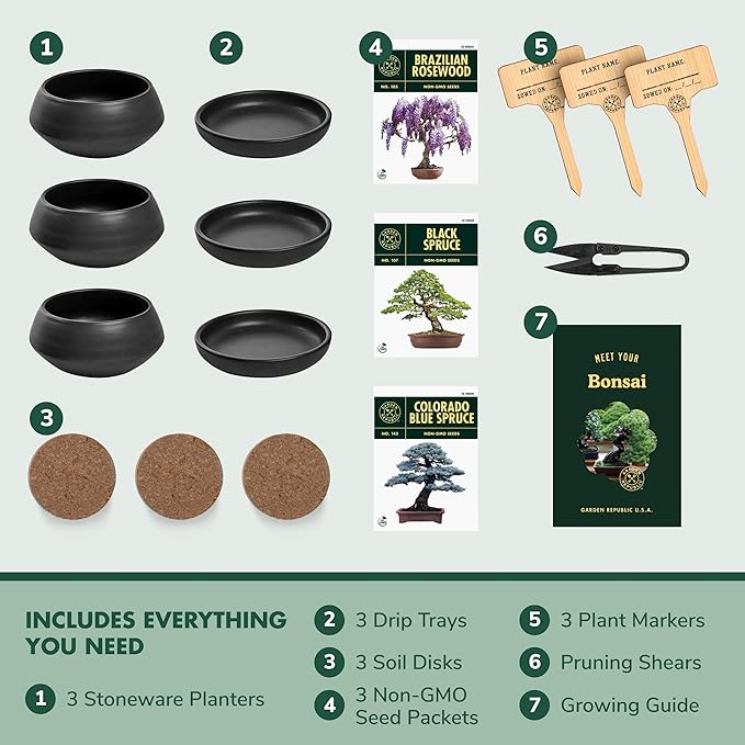 Garden Republic Bonsai Tree Kit - Mini Bonsai Seeds, 3 Types with Stylish Stone Pots, Pruning Shears Tool, Plant Markers, Wood Gift Box, and Potting Soil