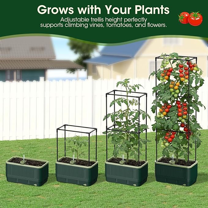 51" Self Watering Planter Box with Trellis, Tomato Planter Trellis for Raised Garden Bed, Tomato Cage with Visual Water Indicator, Indoor Outdoor Tomato Cages for Garden Patio