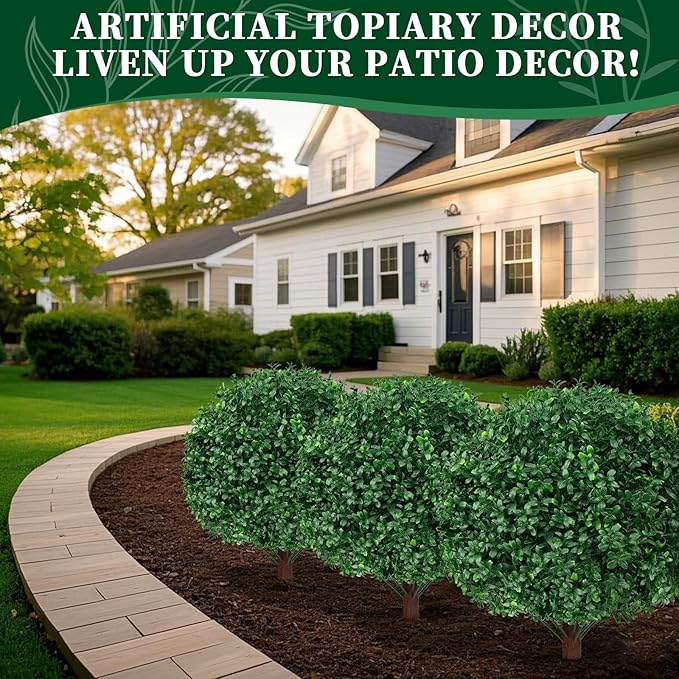 2Pack Artificial Boxwood Topiary Ball Trees, 16'' UV Resistant Fake Evergreen Shrubs Bushes Plants with Ground Spike, Fake Plants for Outdoor Indoor Front Porch Garden