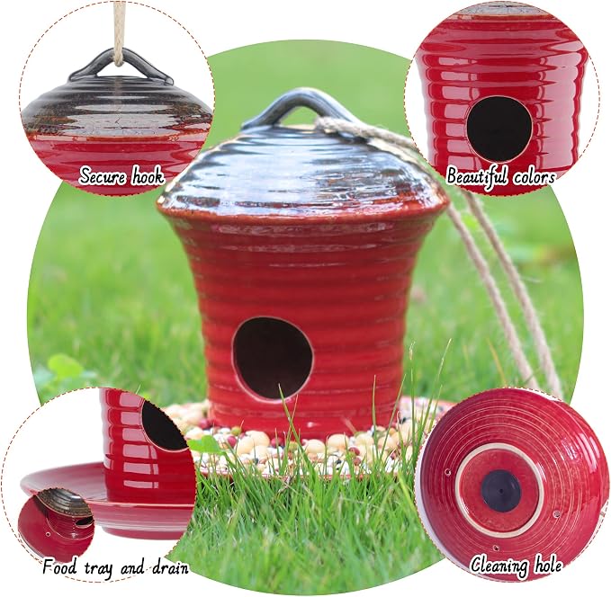 Kimdio Birdhouse Ceramic Hanging Birdhouses Bird Hut Hanging Multi-Function Outdoor Bird Feeders for Wild Birds, Finch, Cardinal, and Bluebird - Red
