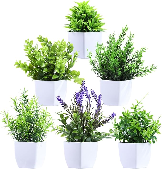 Clearain 6 Pack Small Fake Plants Mini Artificial Potted Plants for Table Desk Home Laundry Room Bathroom Office Decoration (White)