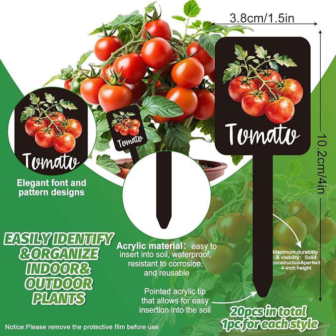 Whaline 20Pcs Watercolor Vegetable Fruit Plant Label Signs 20 Styles Garden Markers Waterproof Black Acrylic Plant Stake Tags with Names for Nursery Indoor Outdoor Garden Decor