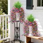 Artificial Hanging Flowers with Wheat Grass for Outdoors, 5 Pcs Fake Hanging Plants for Spring Decor, UV Resistant Faux Silk Flower Greenry for Planter Porch Patio Yard Garden(Mixd Purple Red)