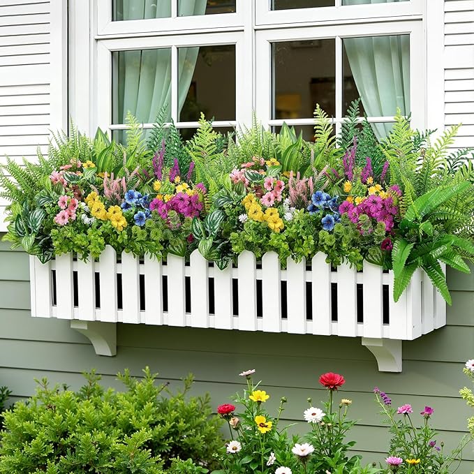Alupssuc 48Pcs Artificial Flowers and Plants,UV Resistant & No Fade Fake Plastic Greenery Shrubs for Home Garden, Pathway, Front Porch-Spring Summer Decor, Indoor/Outdoor Use,Pink Purple Yellow Blue
