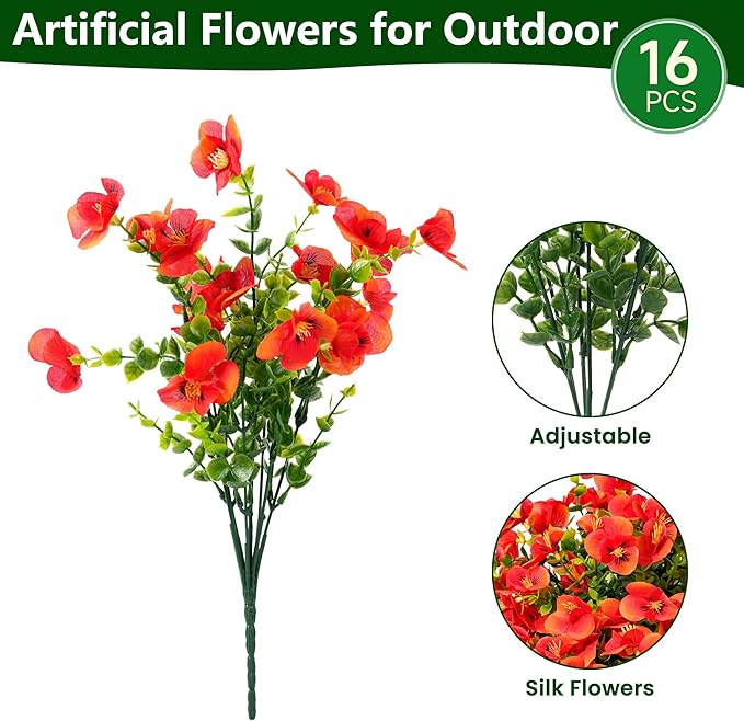 Artificial Flowers for Outdoor, UV Resistant Fake Silk Pansies Flowers, Realistic Faux Plants for Outside Indoor Porch Patio Window Box Planter Home Decor (16, Red)